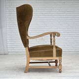 1970s, Scandinavian highback armchair, furniture corduroy, carved oak wood.