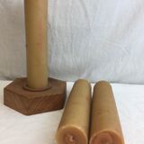 Handmade natural wood candle holder, hexagonal shape and its 3 old beeswax candles.