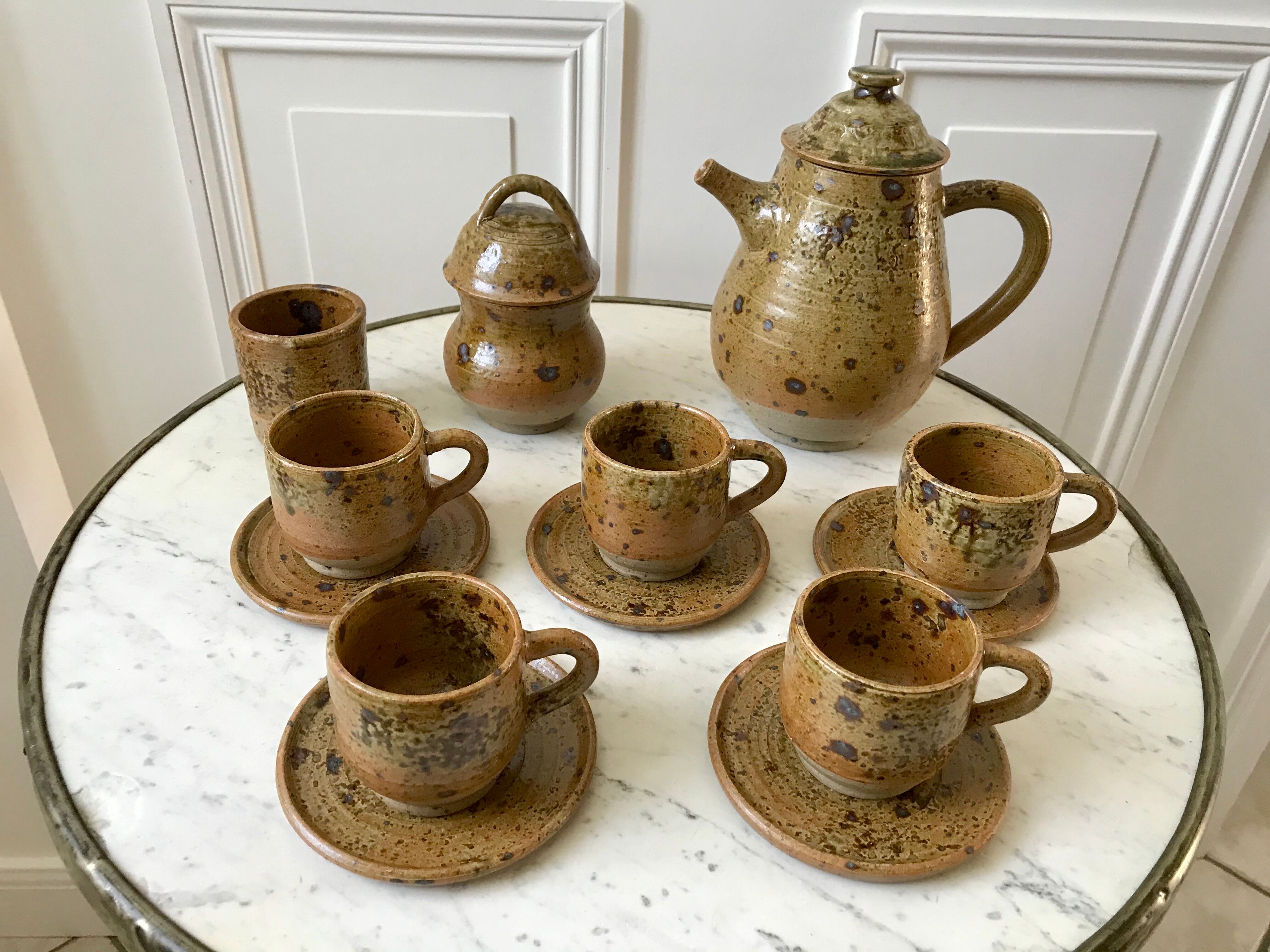 coffee service 6 cups and saucers, teapot and sugar bowl in ceramic / pottery / stoneware years 50-6