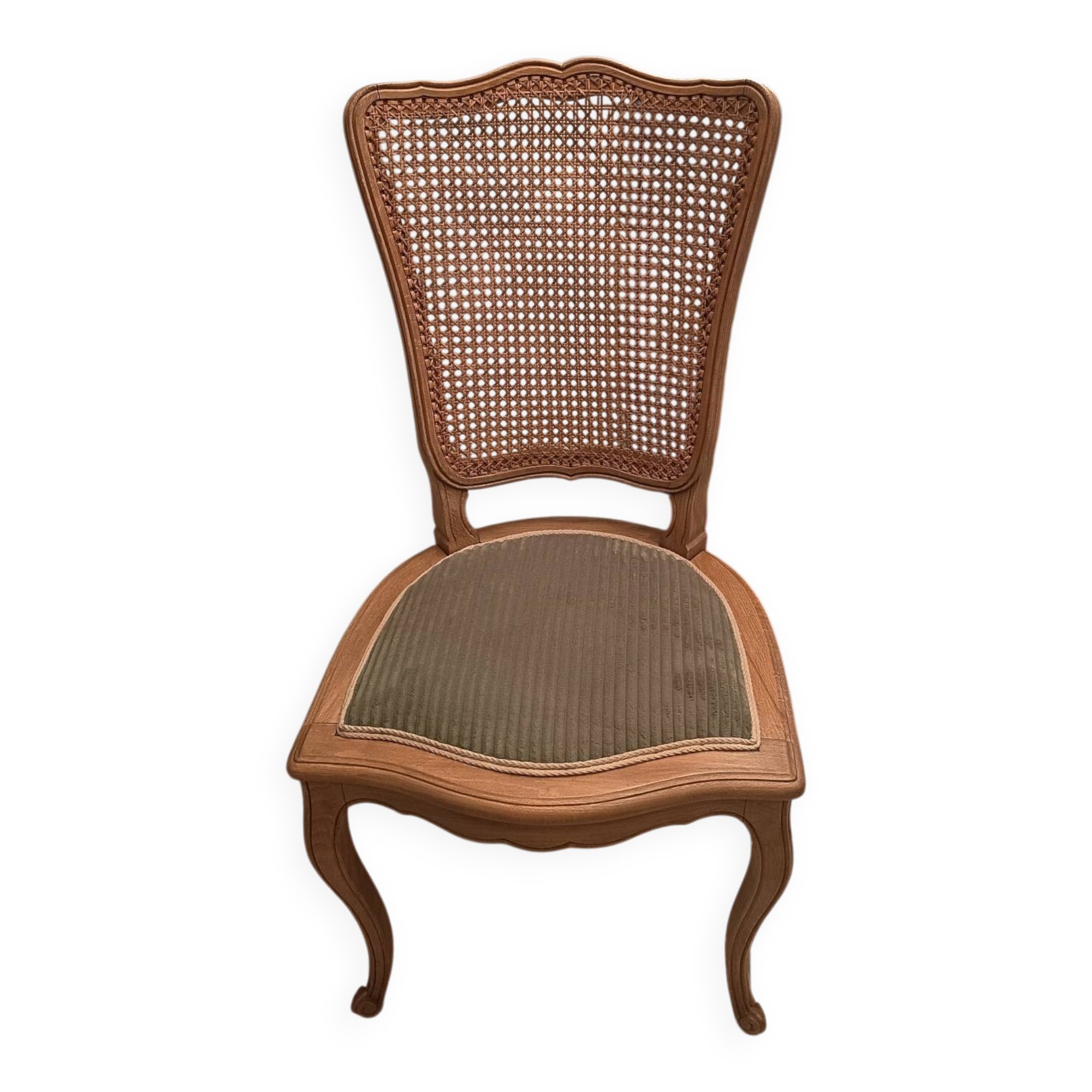 Chaise en bois, cannage et velours côtelé