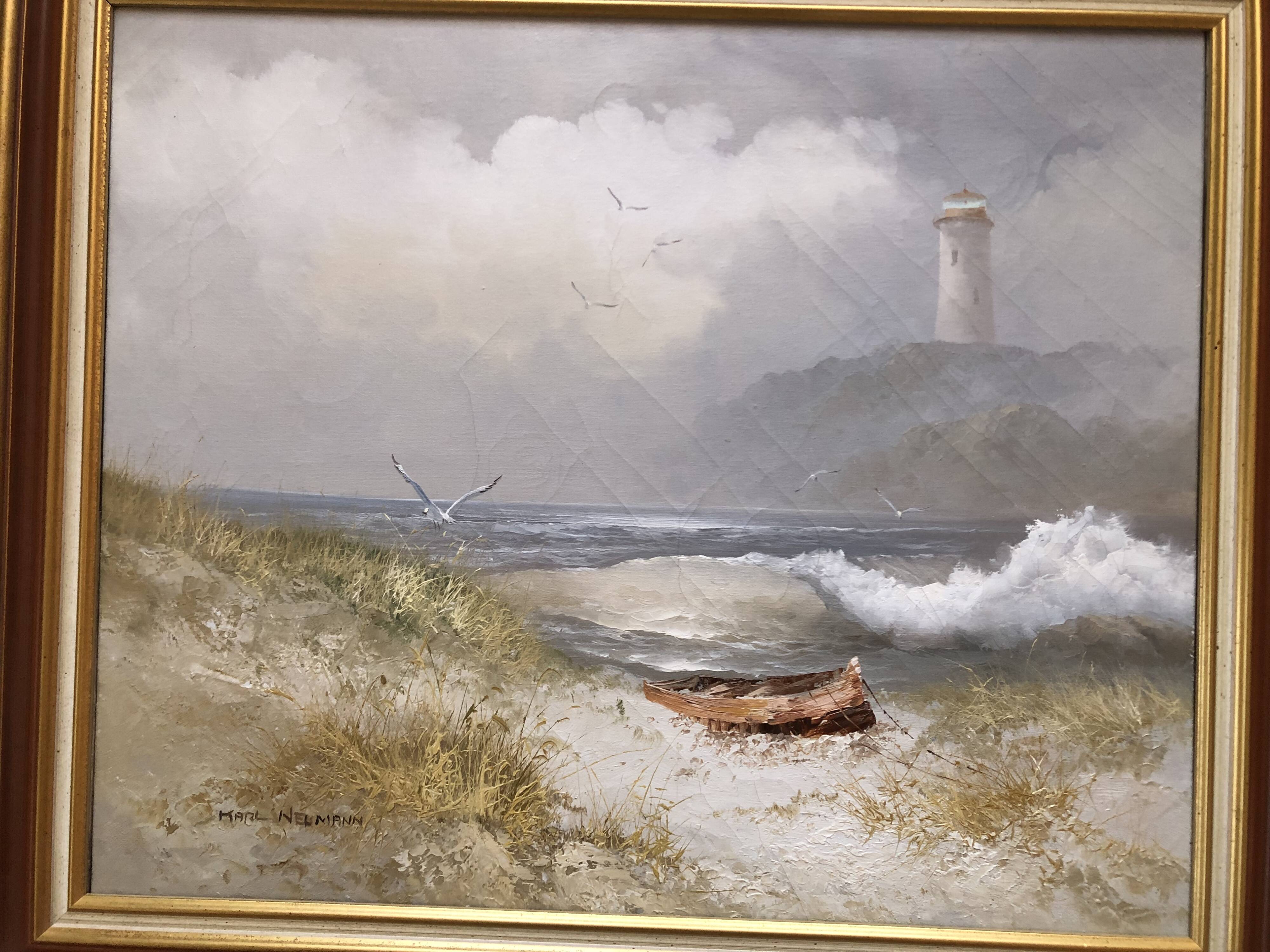Painting oil on canvas the lighthouse circa 1950 / 60k by karl neumann, seascape, marine sea wave ba