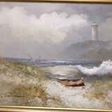Painting oil on canvas the lighthouse circa 1950 / 60k by karl neumann, seascape, marine sea wave ba