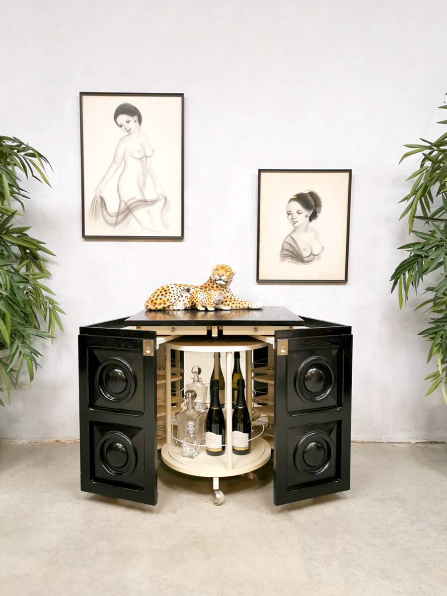 Brutalist bar trolley cocktail bar 'Ebonized oak' Belgium 1970
