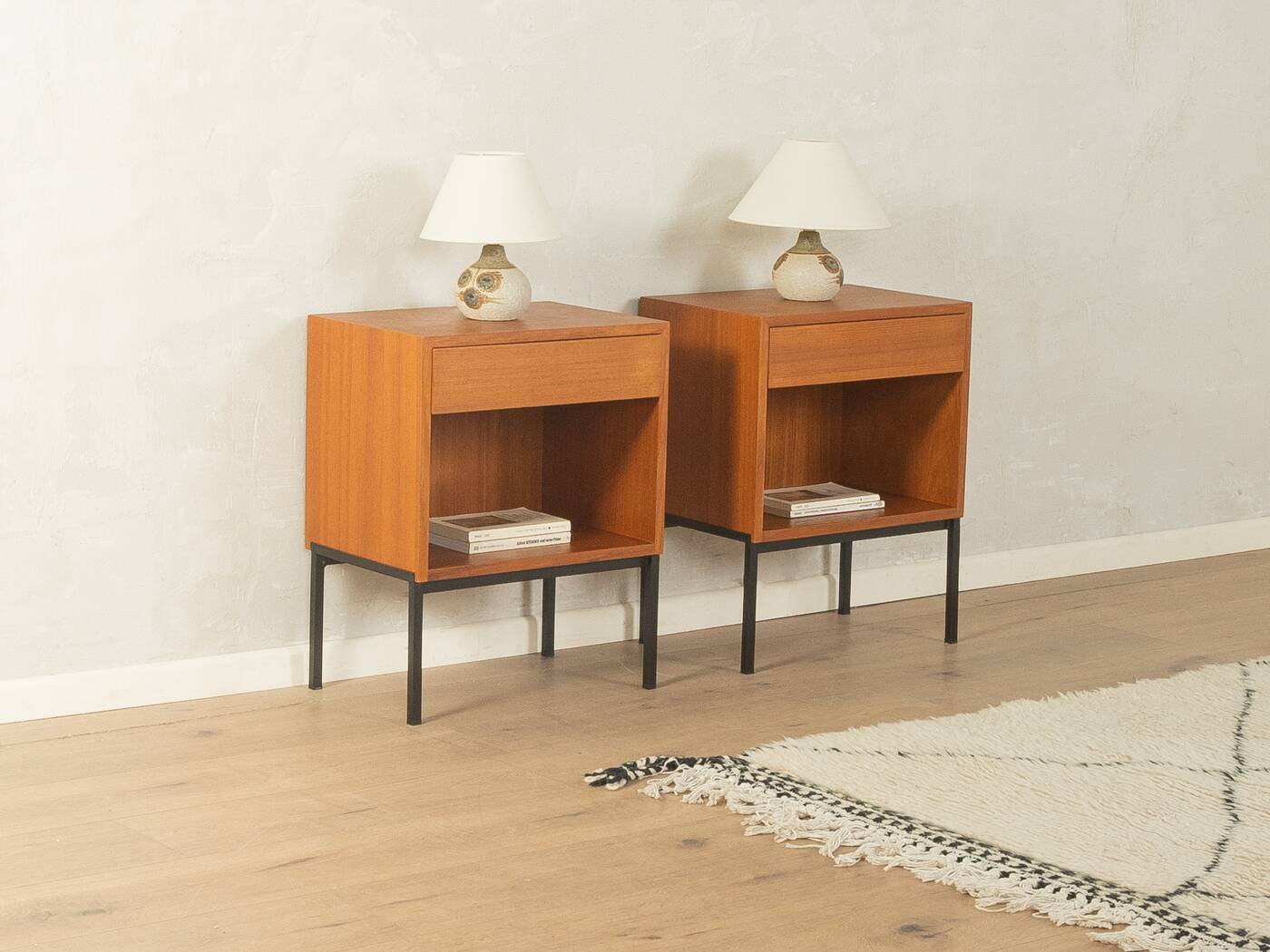 Minimalist bedside tables from the 1960s, teak veneer, set of 2