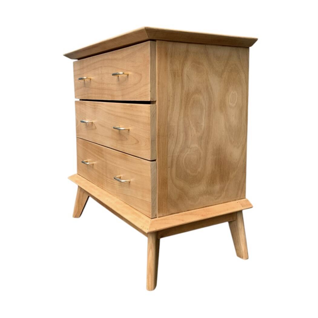 Vintage chest of drawers with compass feet, solid raw beech, 1960s