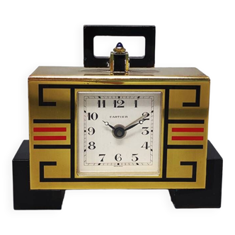 1990s Gorgeous Cartier alarm clock pendulette "Art Deco". Made in France It's in brass and metal. Wh