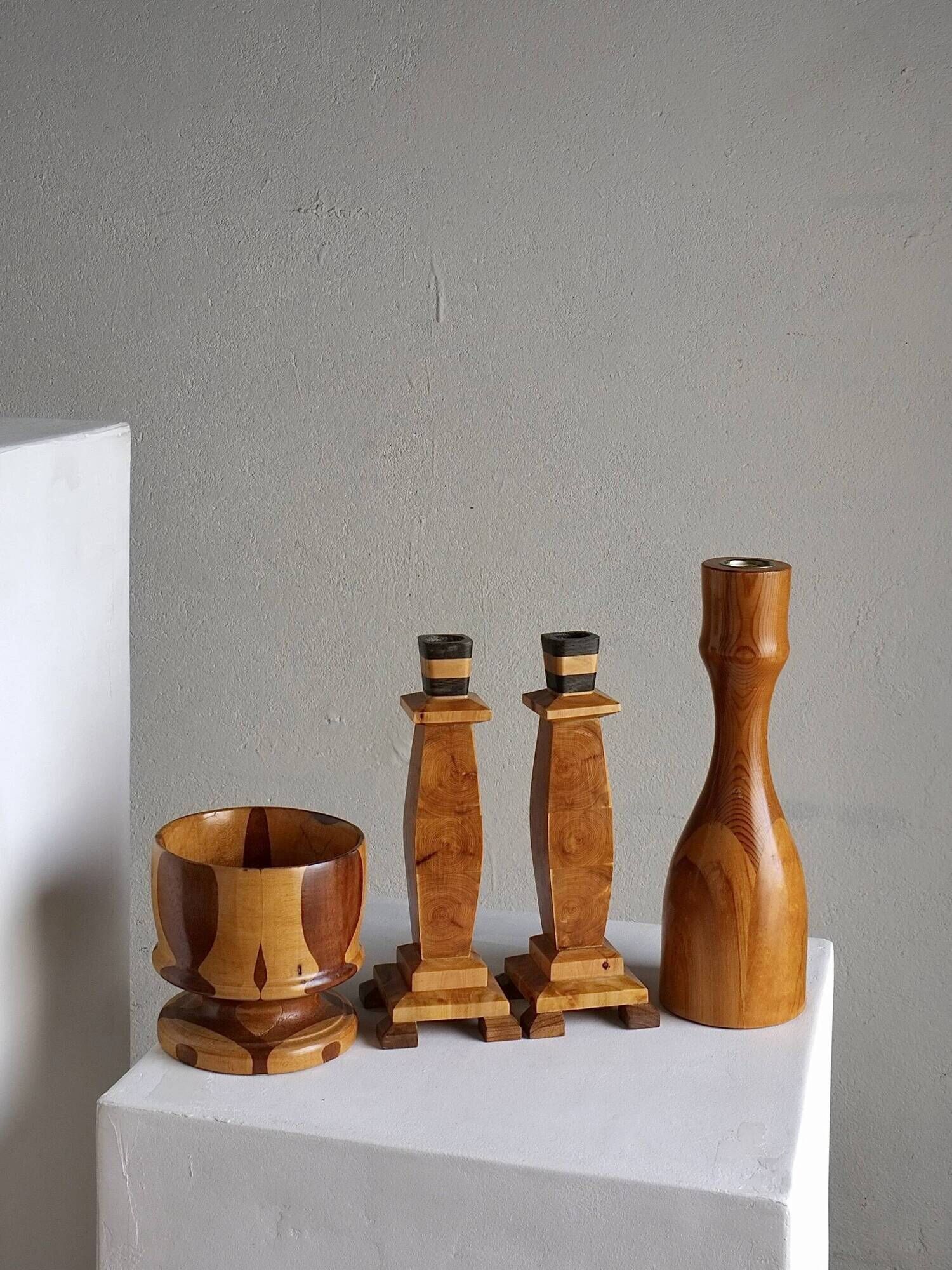 Carved wooden candle holders and bowl set | Sweden | 1970s