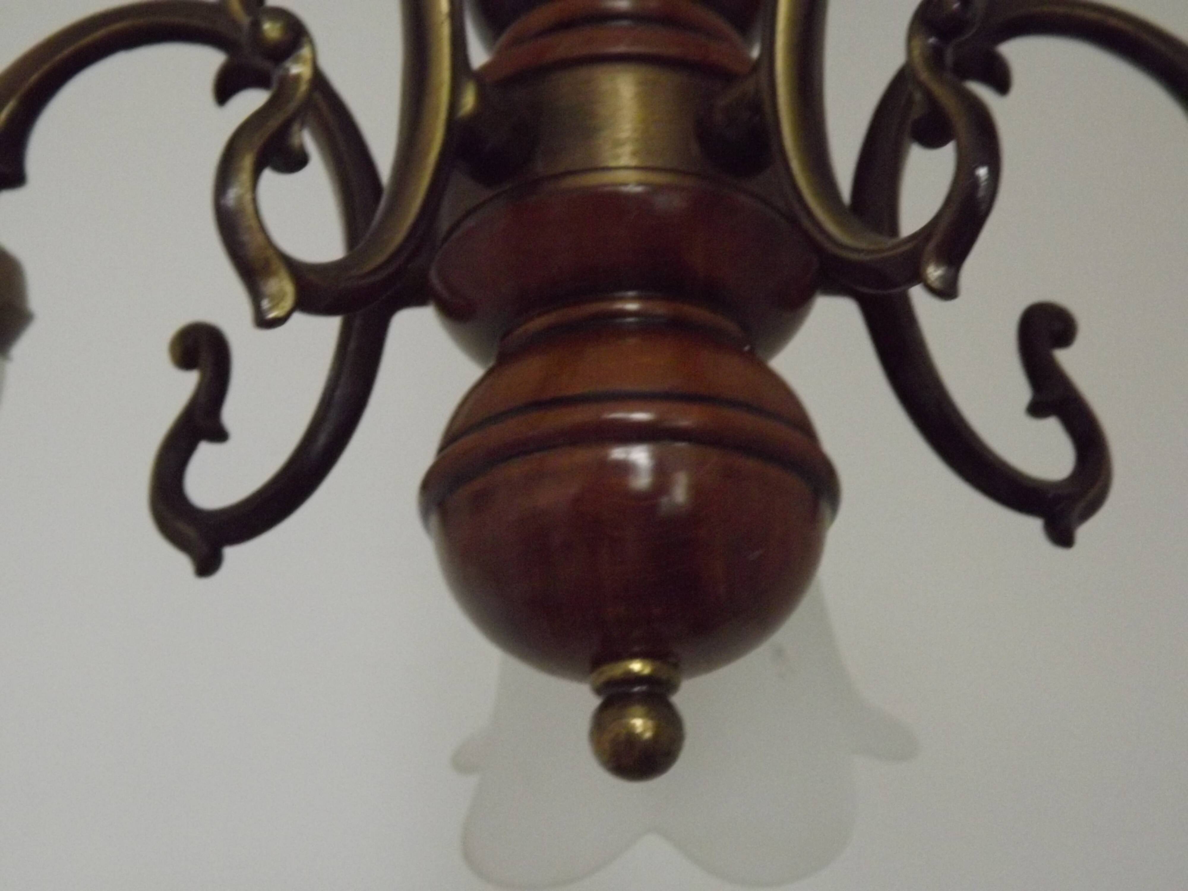 French Mid-Century Bronzed Metal & Wood 5-Light Chandelier with Glass Shades