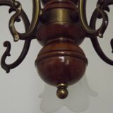 French Mid-Century Bronzed Metal & Wood 5-Light Chandelier with Glass Shades