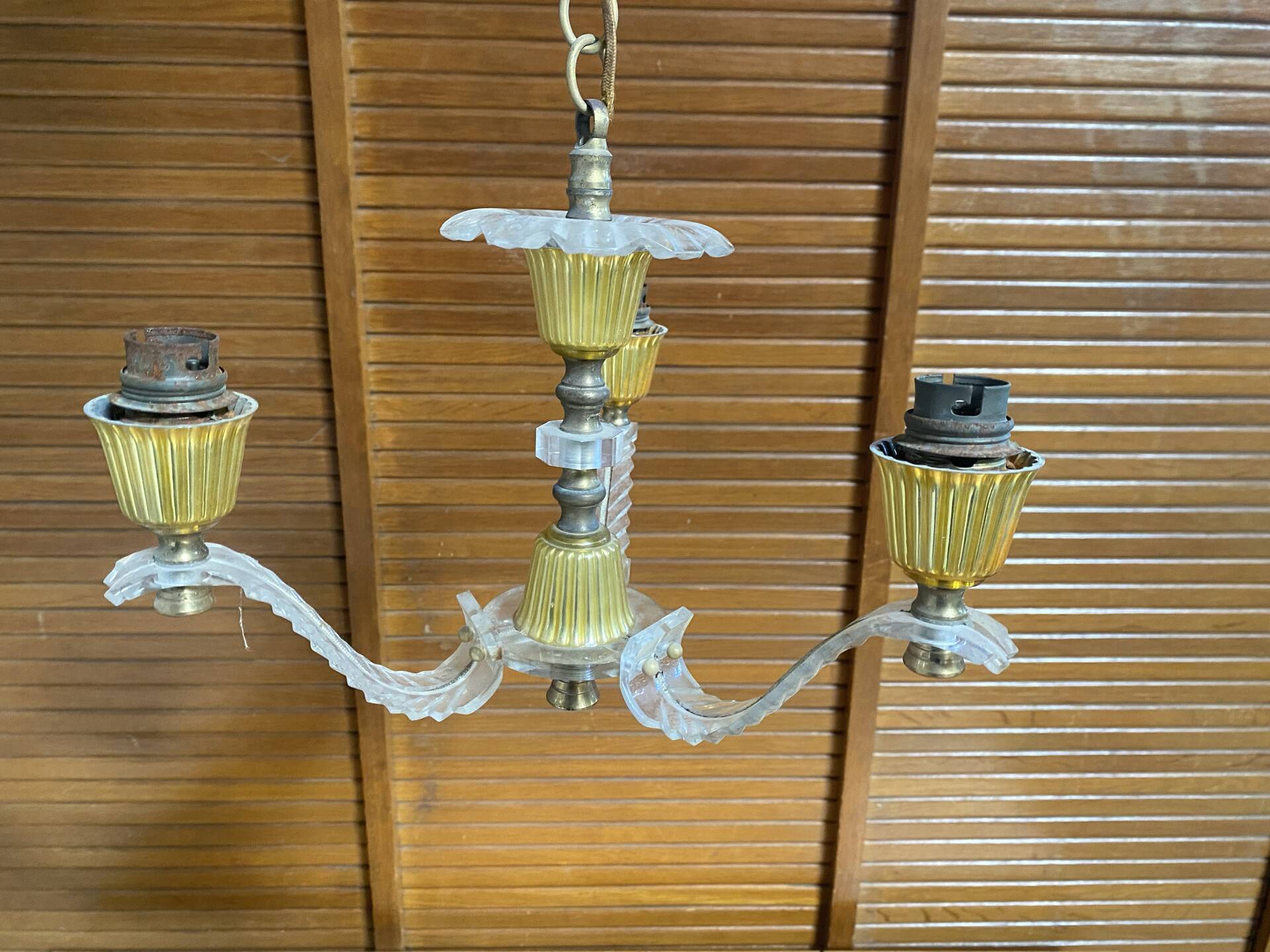 Chandelier + pair of wall lights in the old style jules leleu gilded + perspex plexi