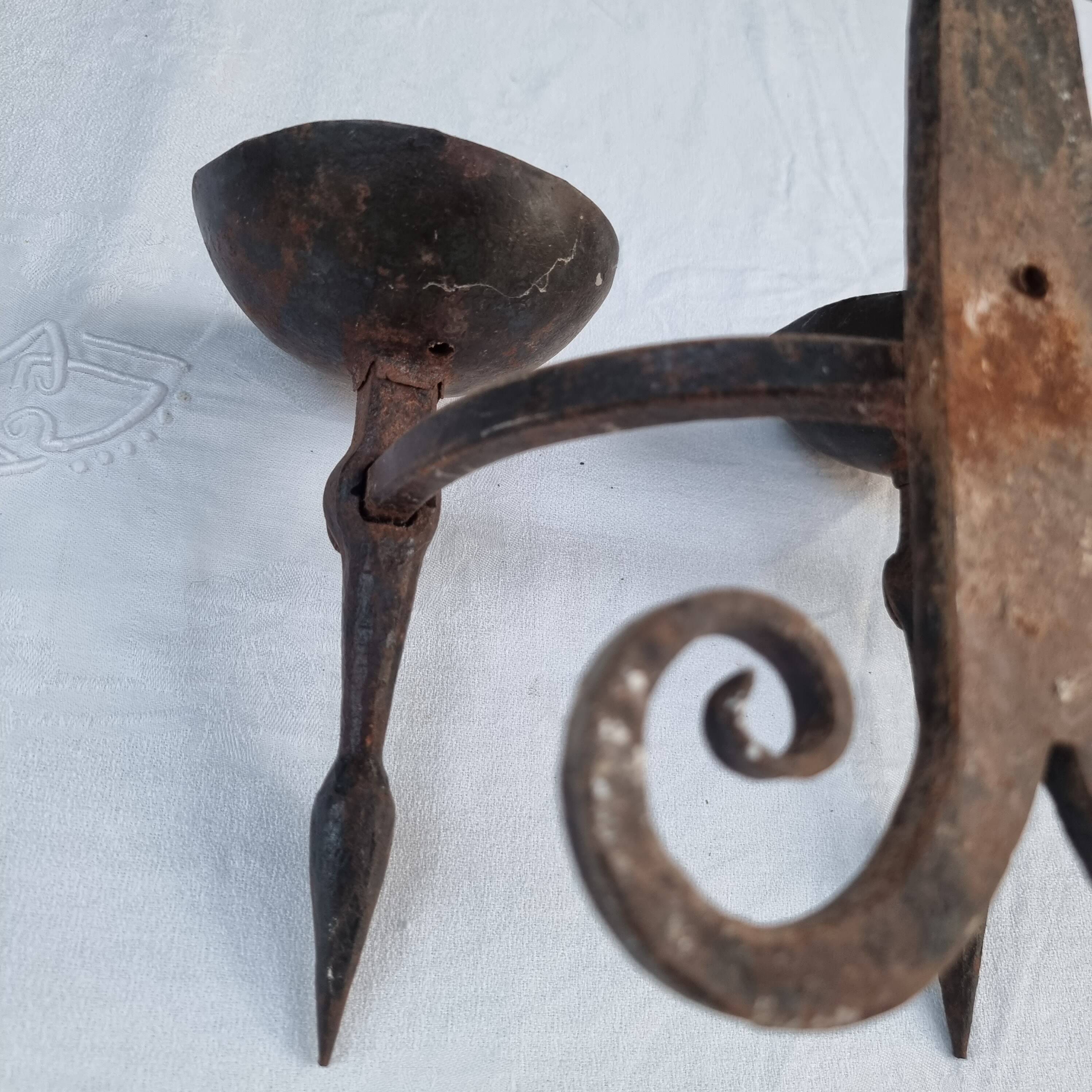 Pair of antique 15th century medieval castle wrought iron candlesticks