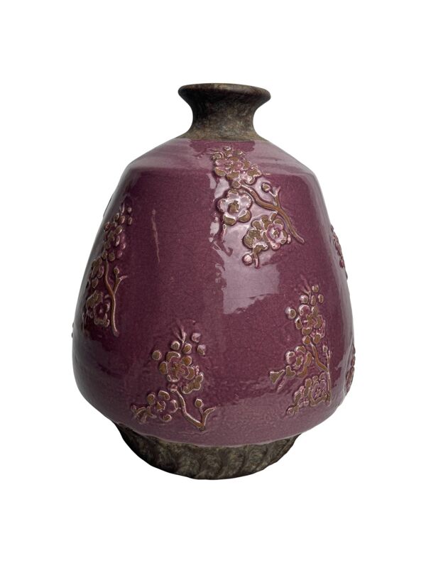 Potiche raku émaillé mauve décor fleurs Jardin d’Ulysse XXème