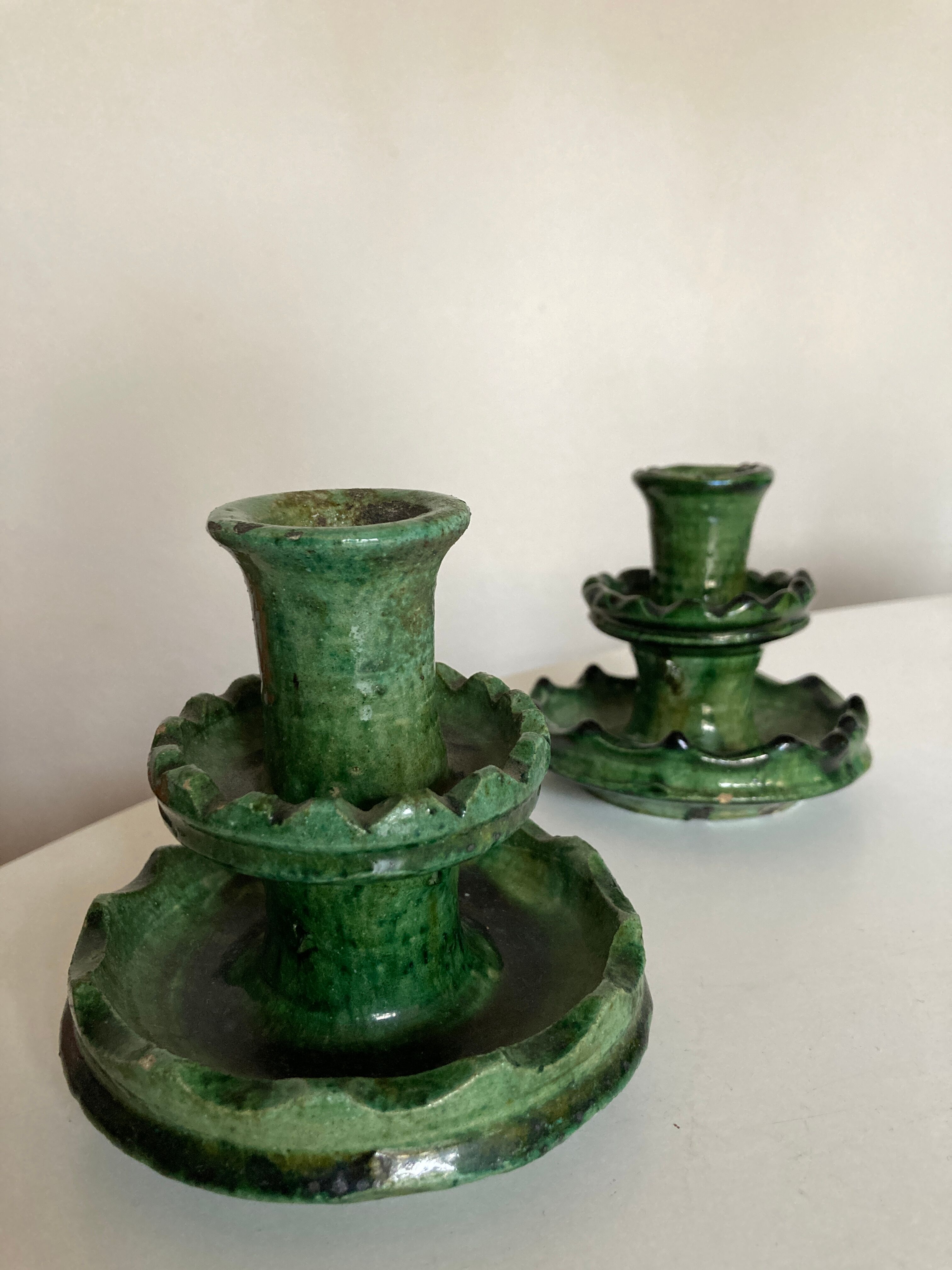 Pair of earthen candlesticks glazed from tamegroute