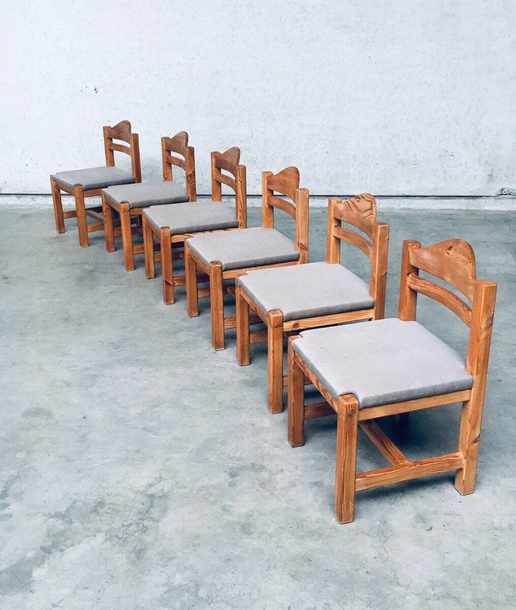 Brutalist Square Model Pine Dining Chairs, 1970s, Set of 6