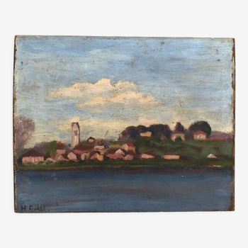Village on the river, oil on wood early 20th century, signature for identification