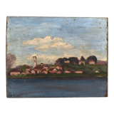 Village on the river, oil on wood early 20th century, signature for identification