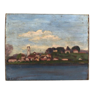 Village on the river, oil on wood early 20th century, signature for identification