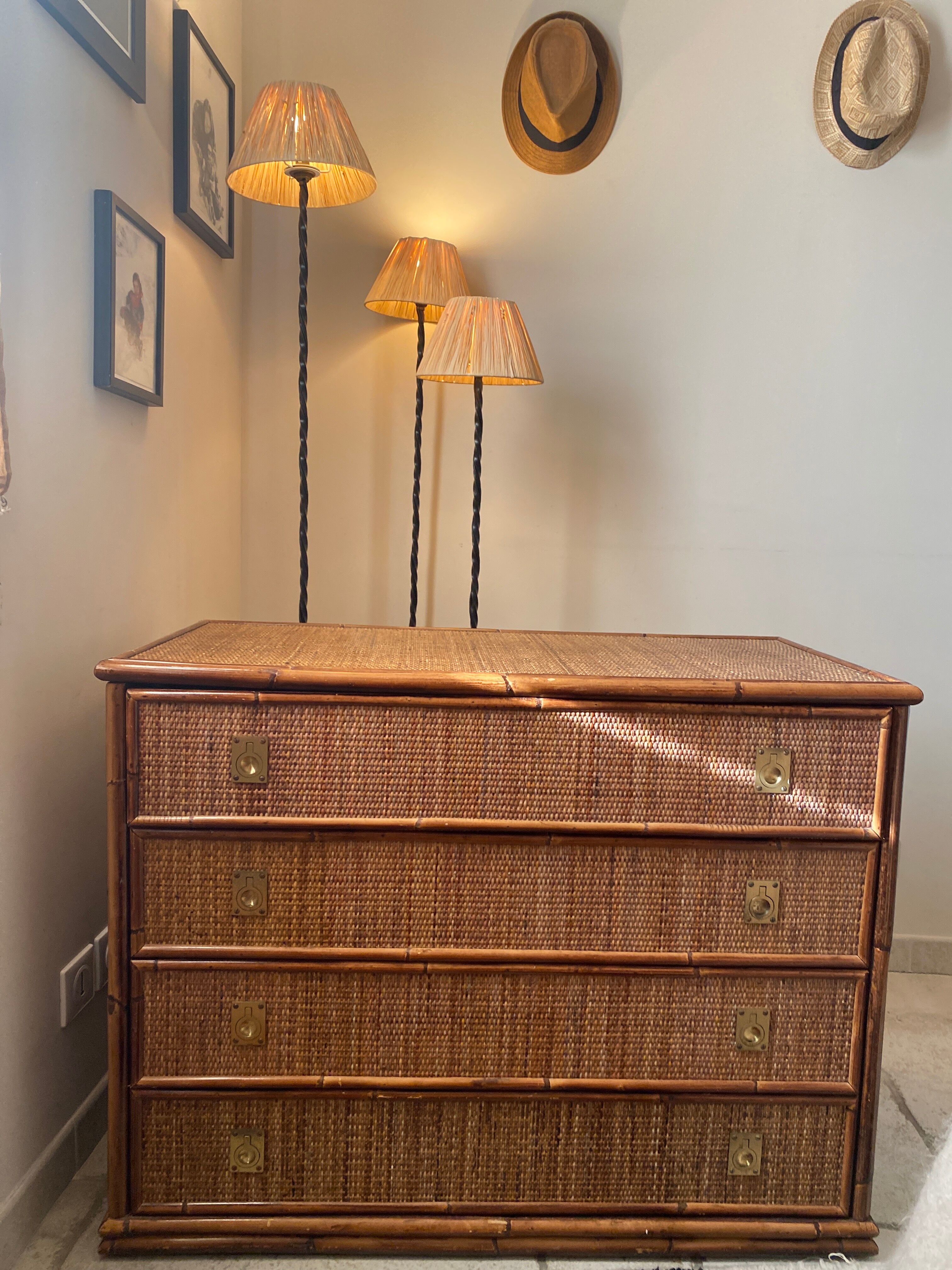 Dal Vera chest of drawers in woven rattan and bamboo Italian design 1970