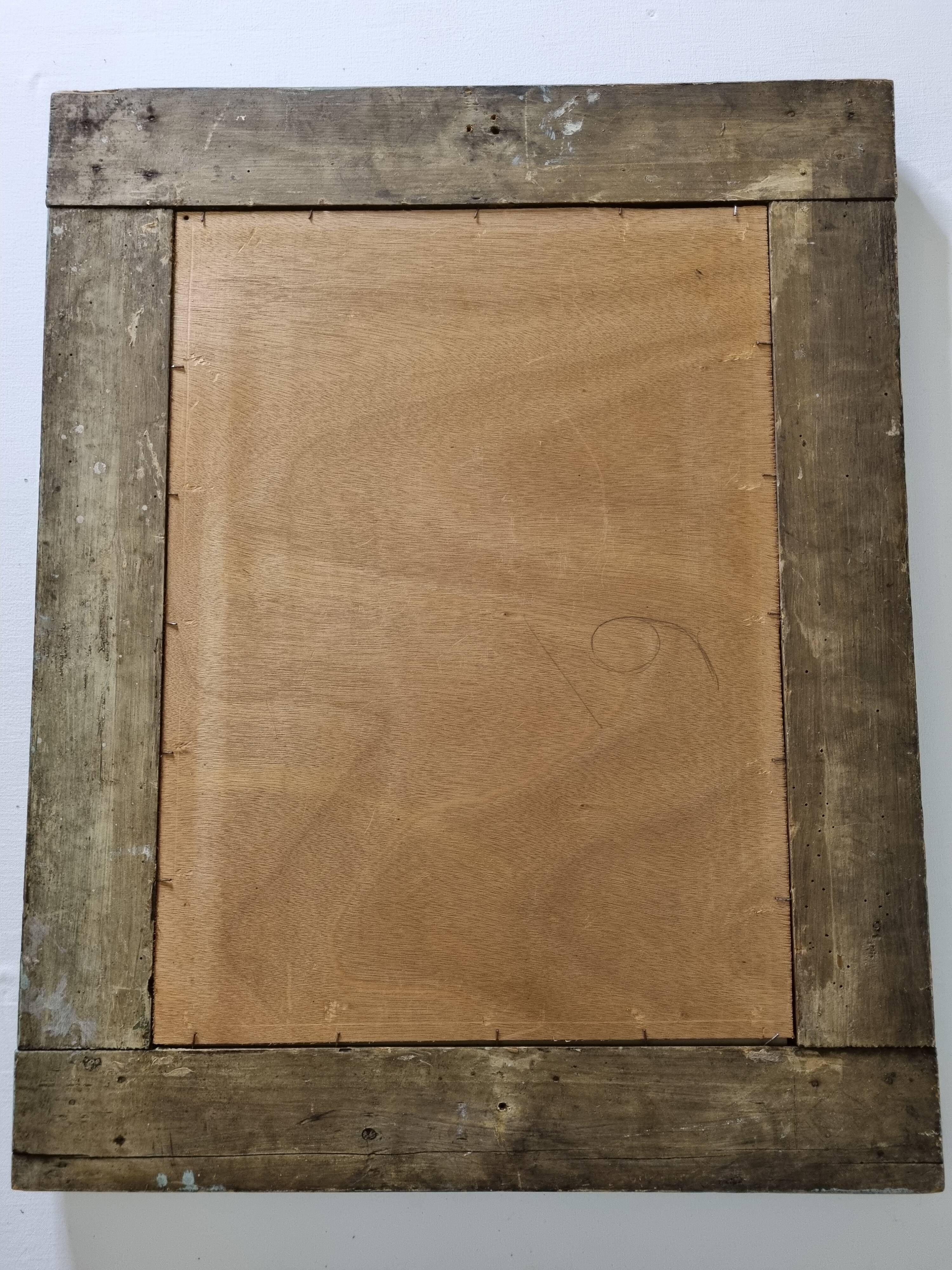 Old mirror, wooden bark frame with rustic patina, 65 cm by 50 cm