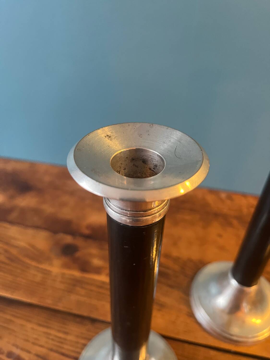 Trio of metal and wood candlesticks from the 80s