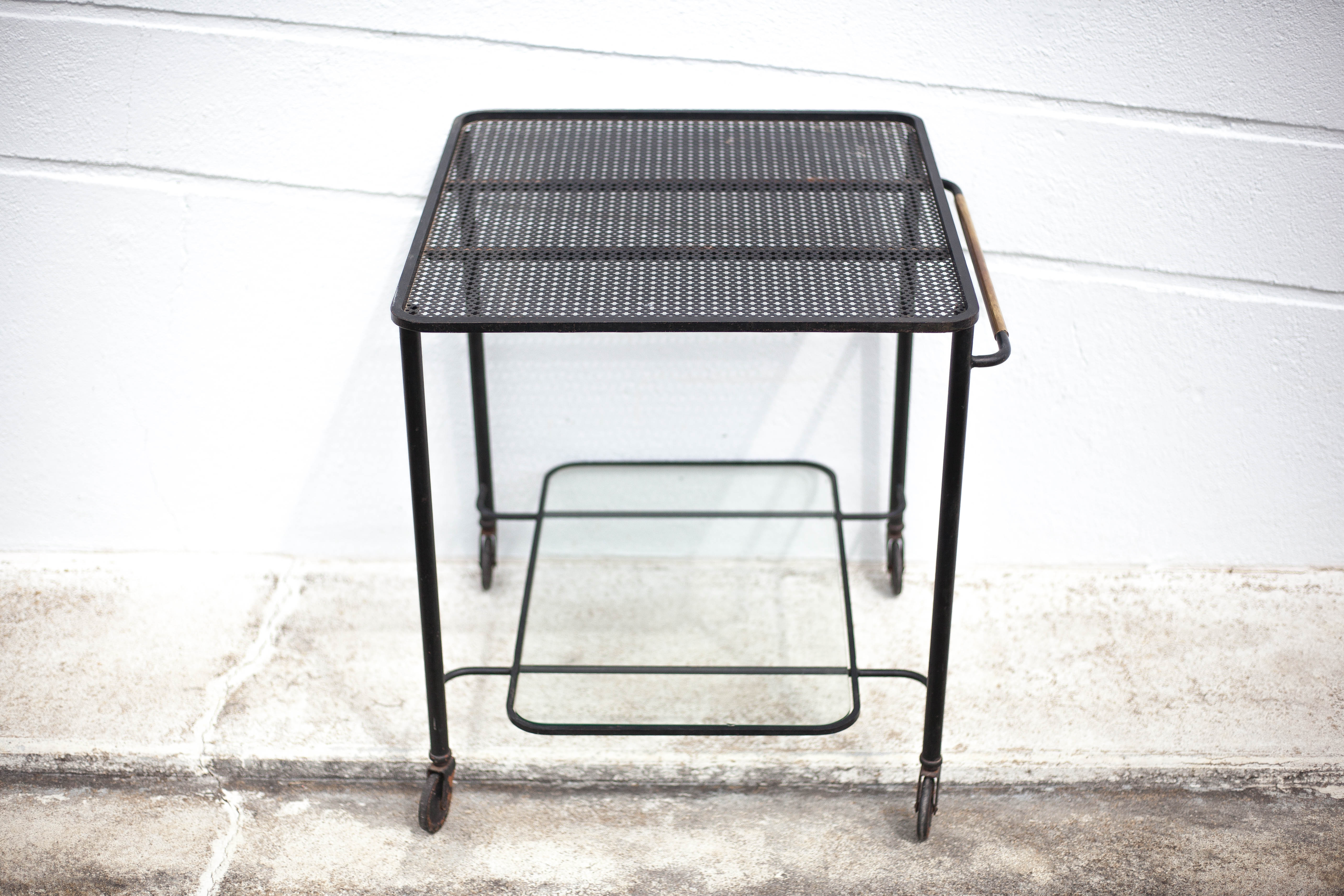 Mathieu Matégot rolling table, steel and brass service, 50s