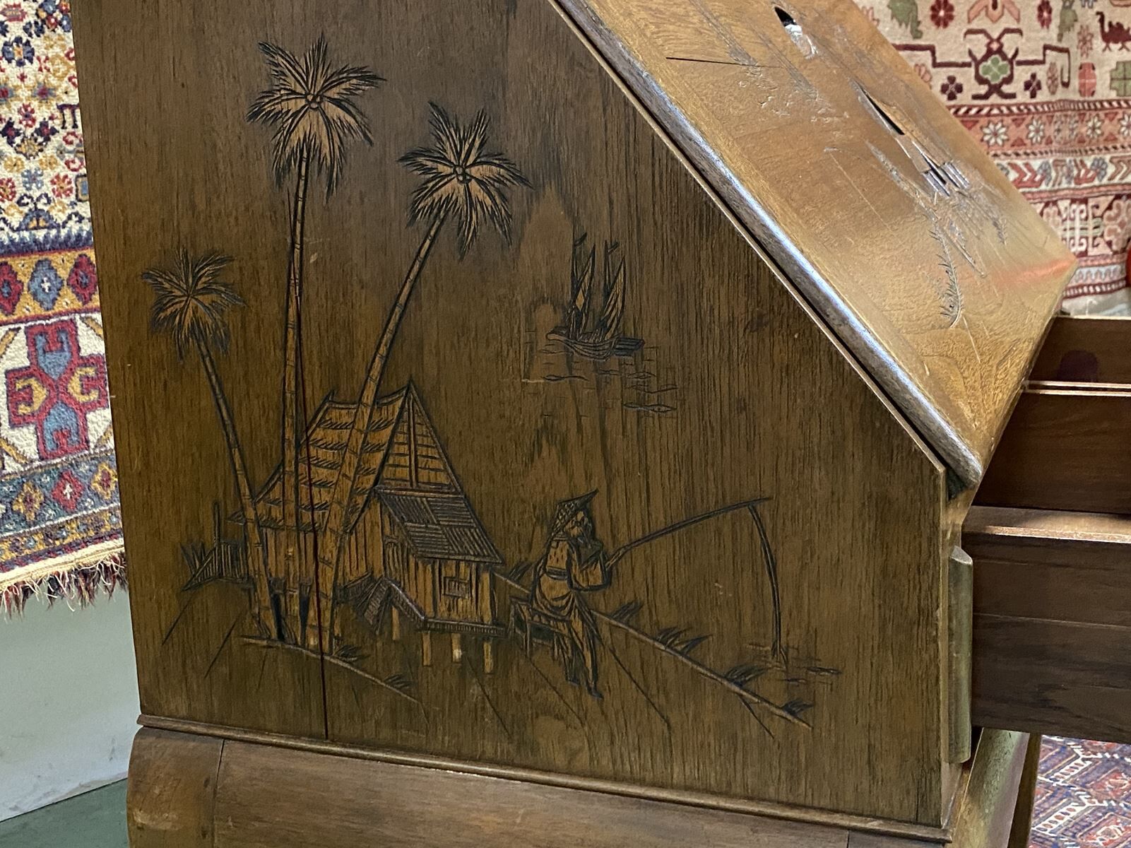 Asian-style teak secretary, 1970s manufacturing