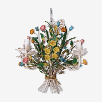 Vintage chandelier in painted sheet metal bouquet of flowers
