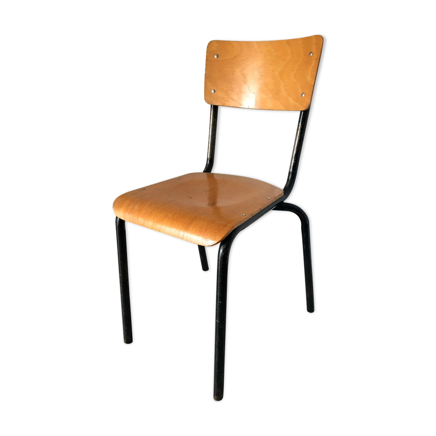 Vintage beech school chair and black steel foot