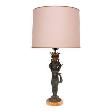 Lampe de table en bronze Empire avec chérubin, France années 1890