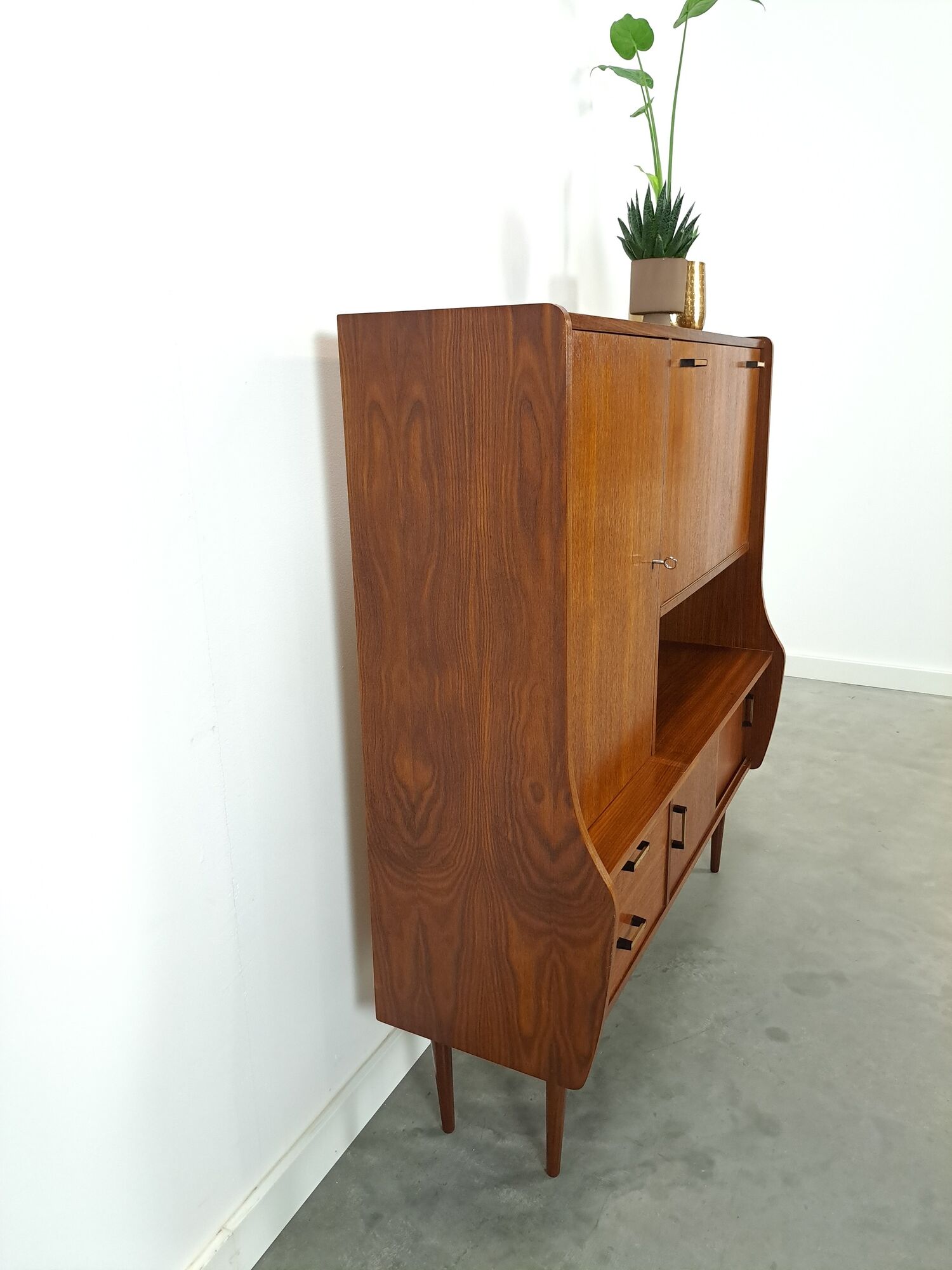Teak veneer wall cabinet with flap, bar cabinet vintage