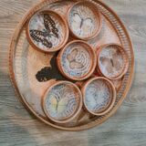 Old bamboo and rattan tray / 6 butterfly coasters / entomology height 4 cm / diameter 28 cm