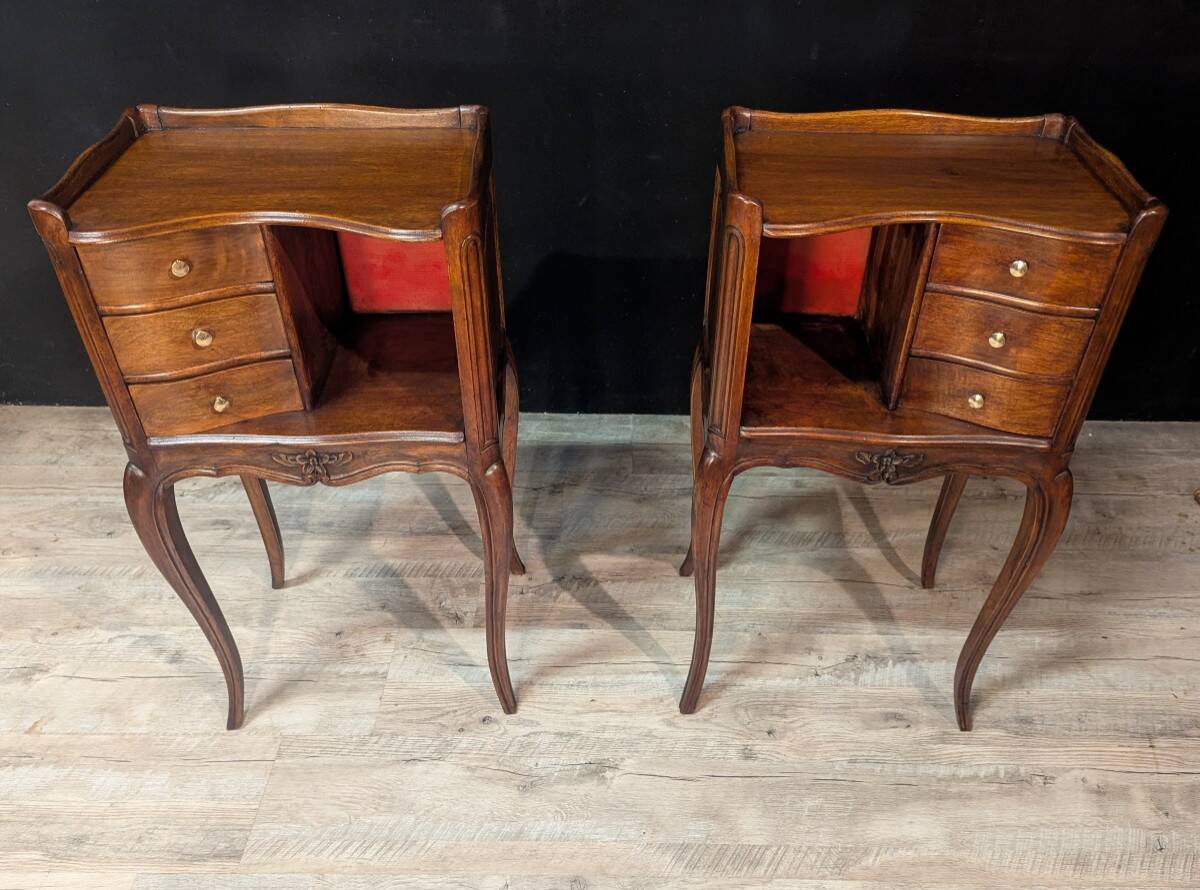 Pair of Louis XV style walnut bedside tables, right and left