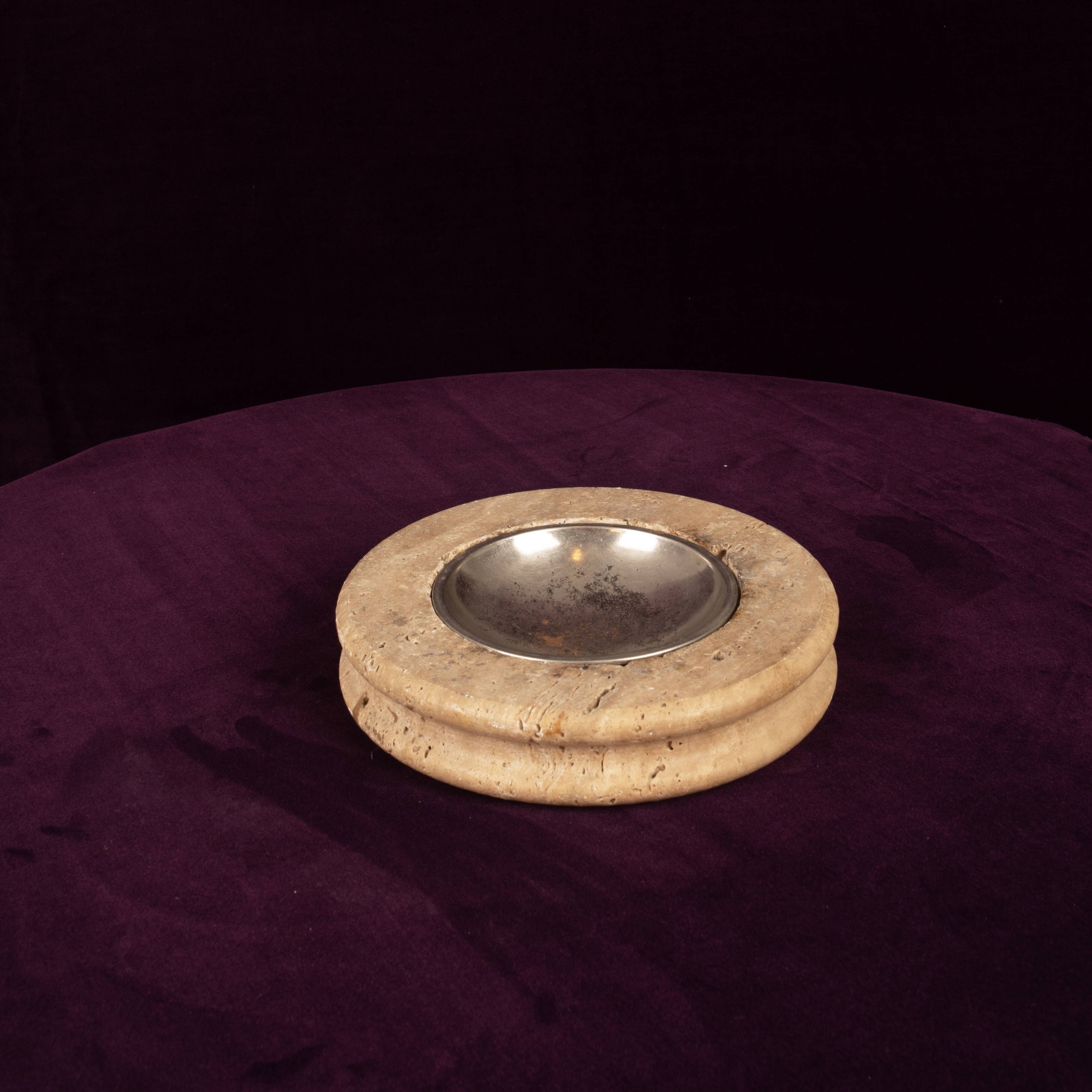 Round Italian Travertine Ashtray with Removable Metal Dish 1970