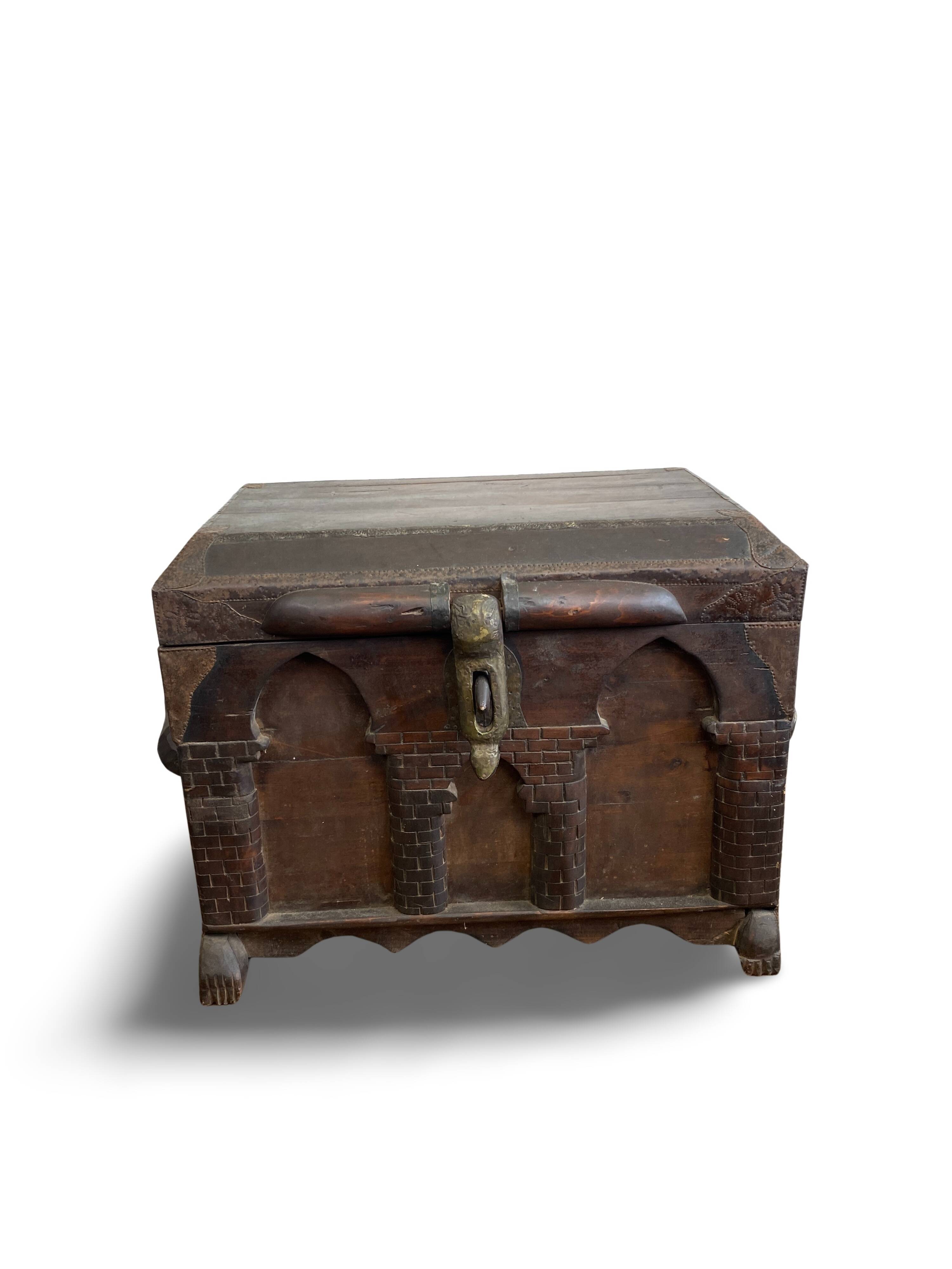 Antique 18th century Gothic chest in carved wood and leather