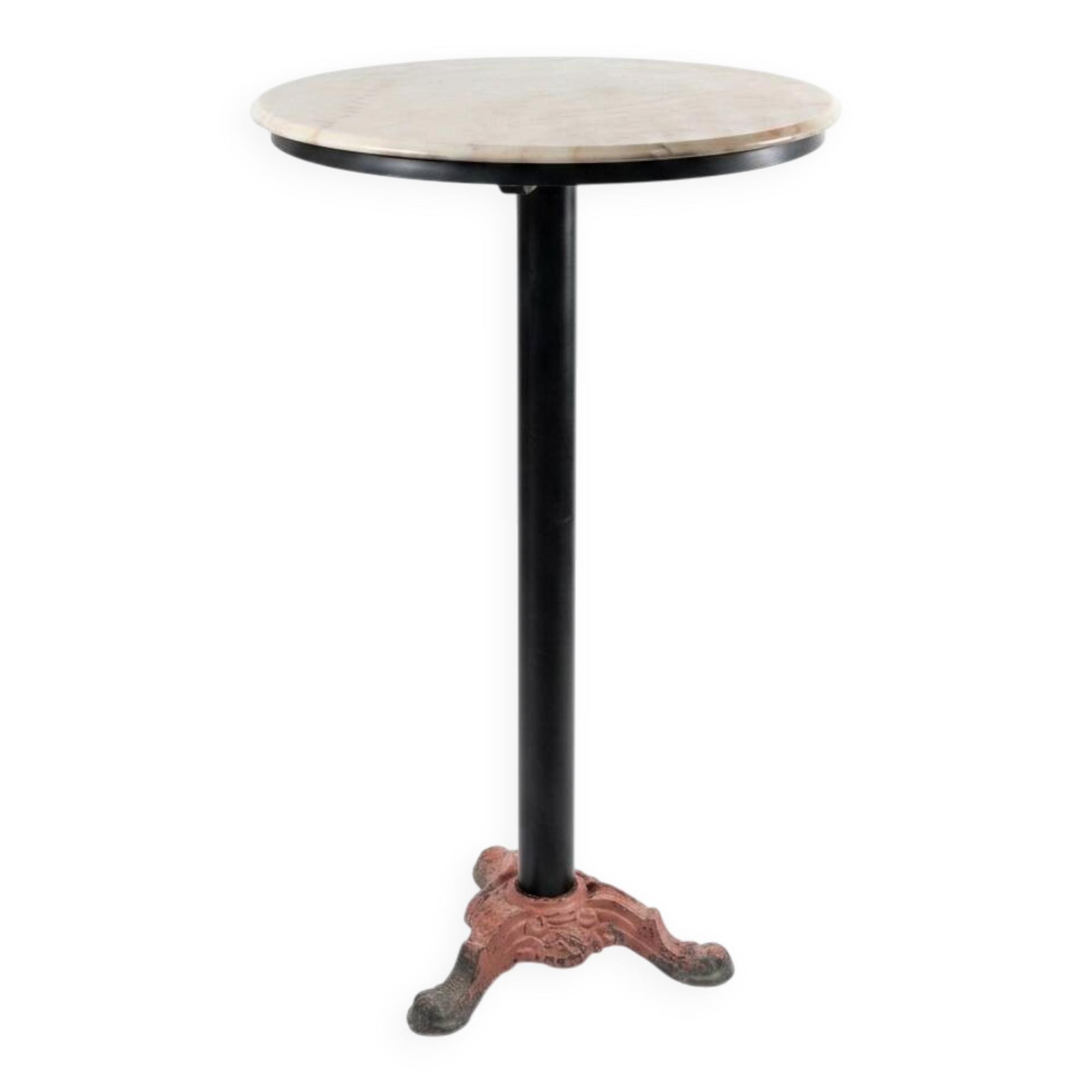 Bistro standing table with marble top and cast iron base.