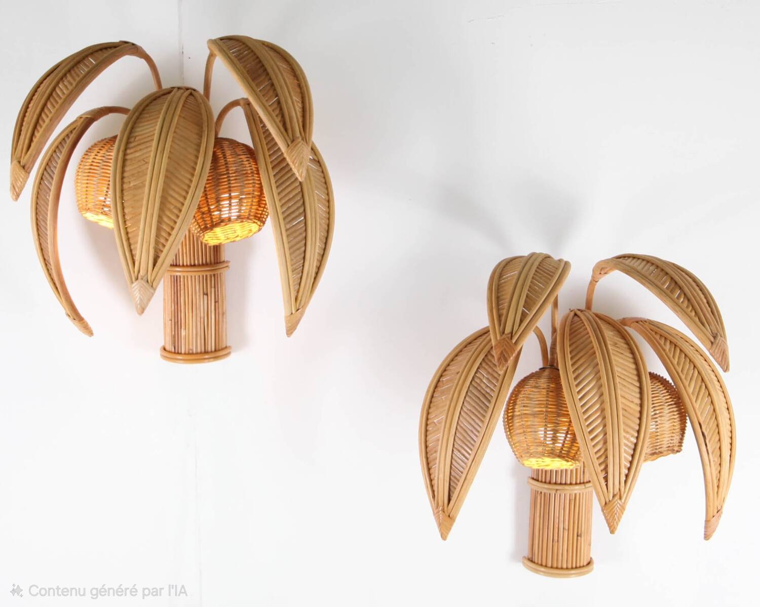 Pair of "coconut/palm" wall lights in rattan