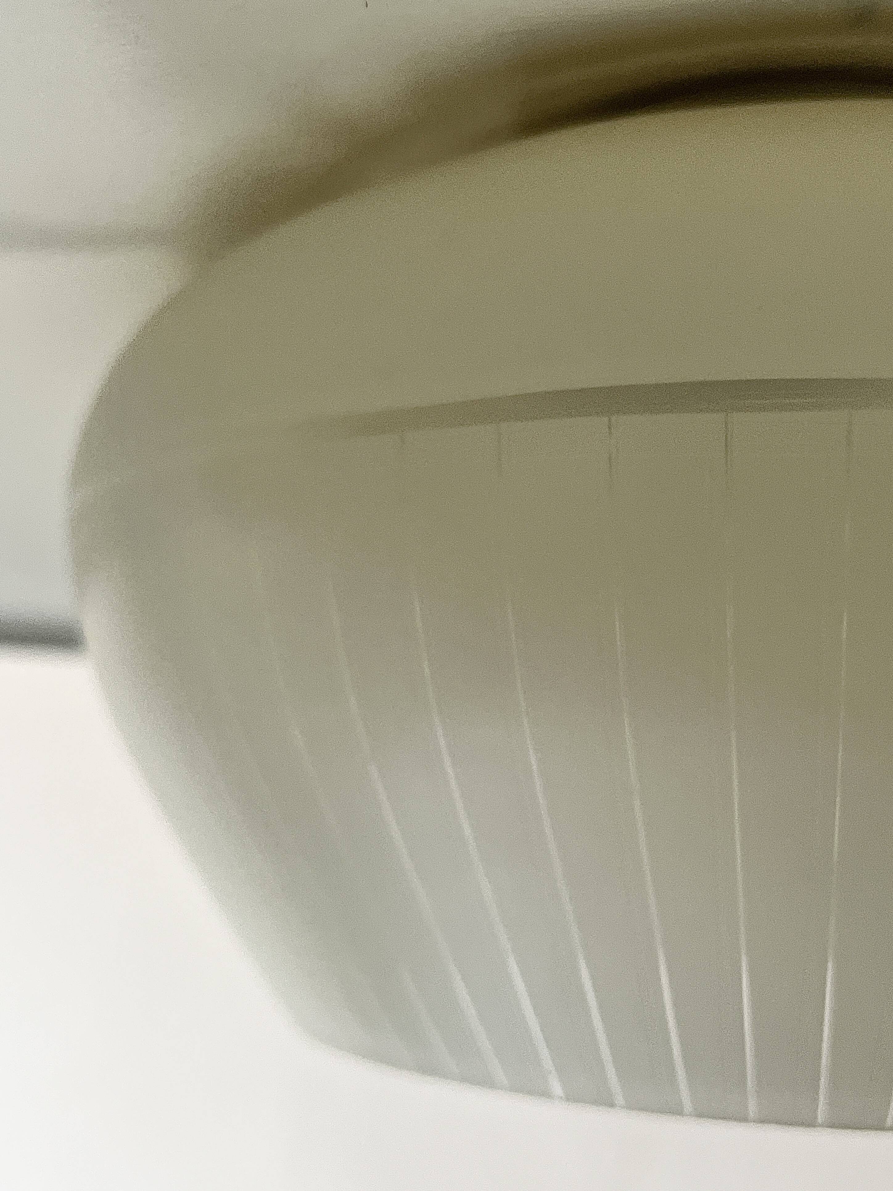 Scandinavian suspension in black metal, copper, and opal glass, 1970s design.