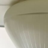 Scandinavian suspension in black metal, copper, and opal glass, 1970s design.