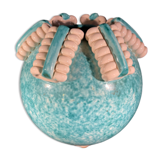 Ceramic ball vase by sainte-radegonde, turquoise and white ribbon "spiral", ca 1950