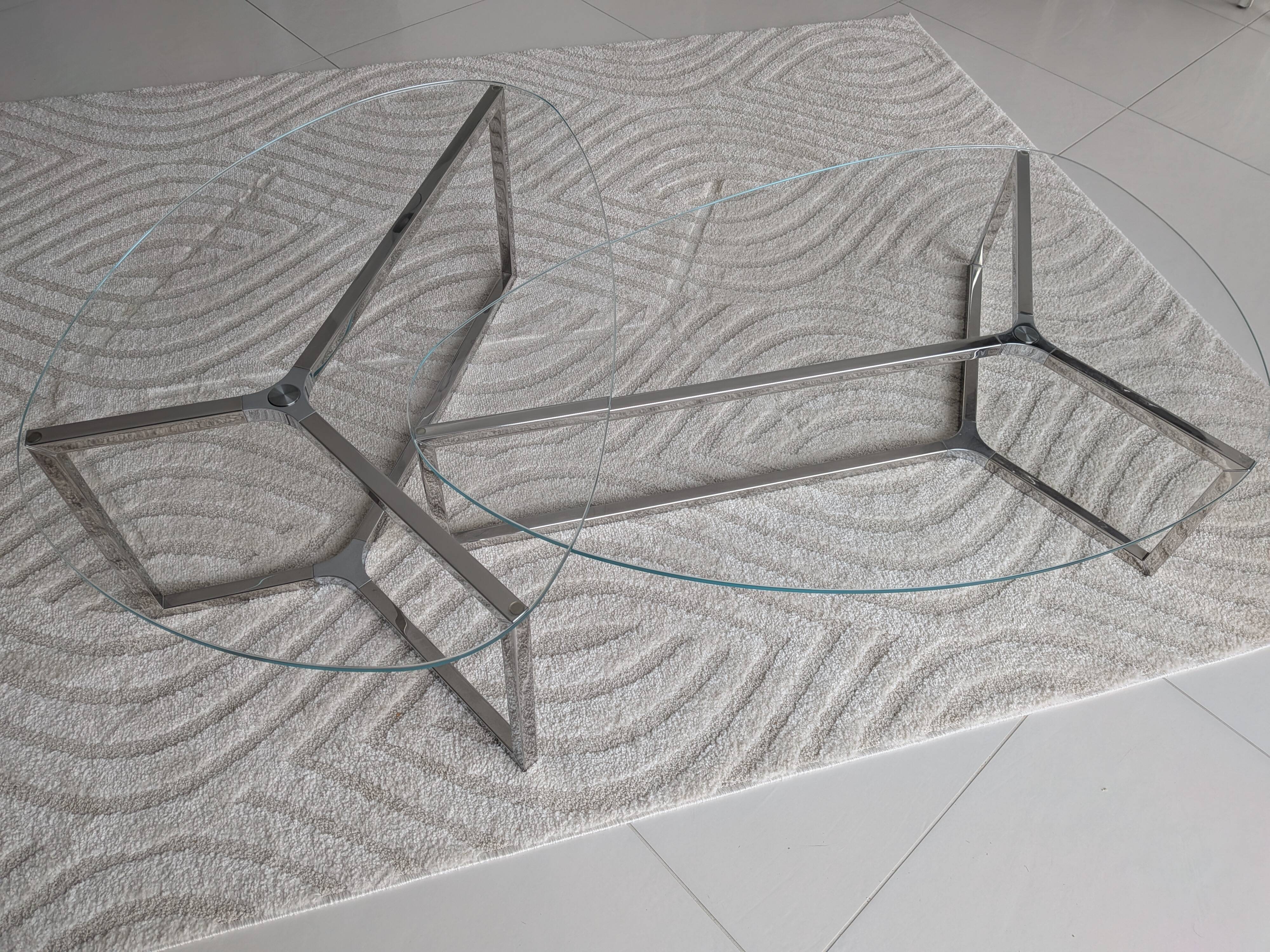 2 oval glass and chrome coffee tables, nesting, stackable, "gal" shape.