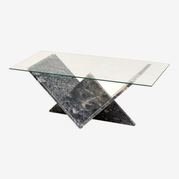 Table basse vintage en verre et marbre années 1970