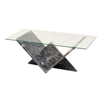 Table basse vintage en verre et marbre années 1970