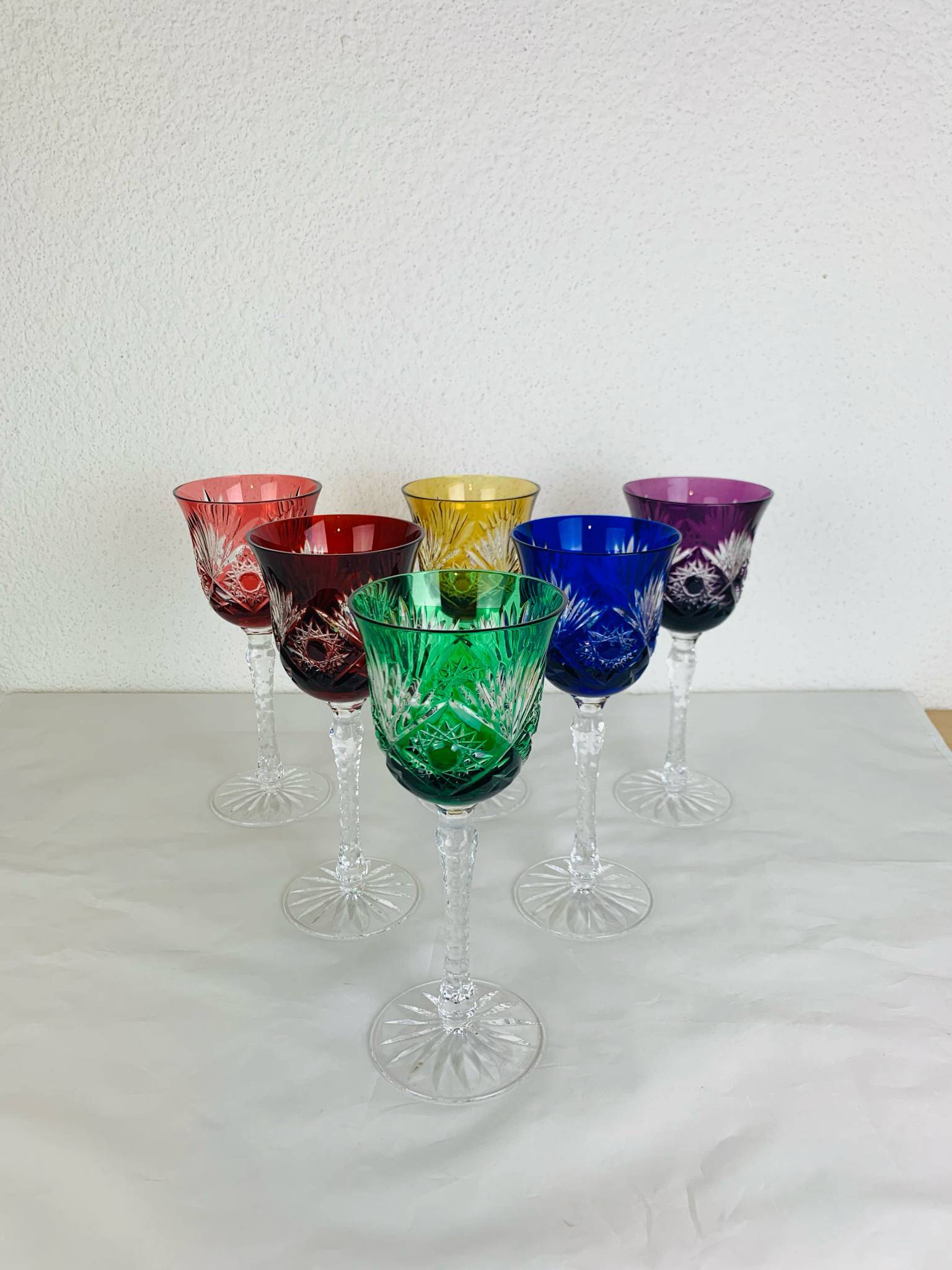 6 handmade crystal stemmed glasses from Lorraine, multi-colored