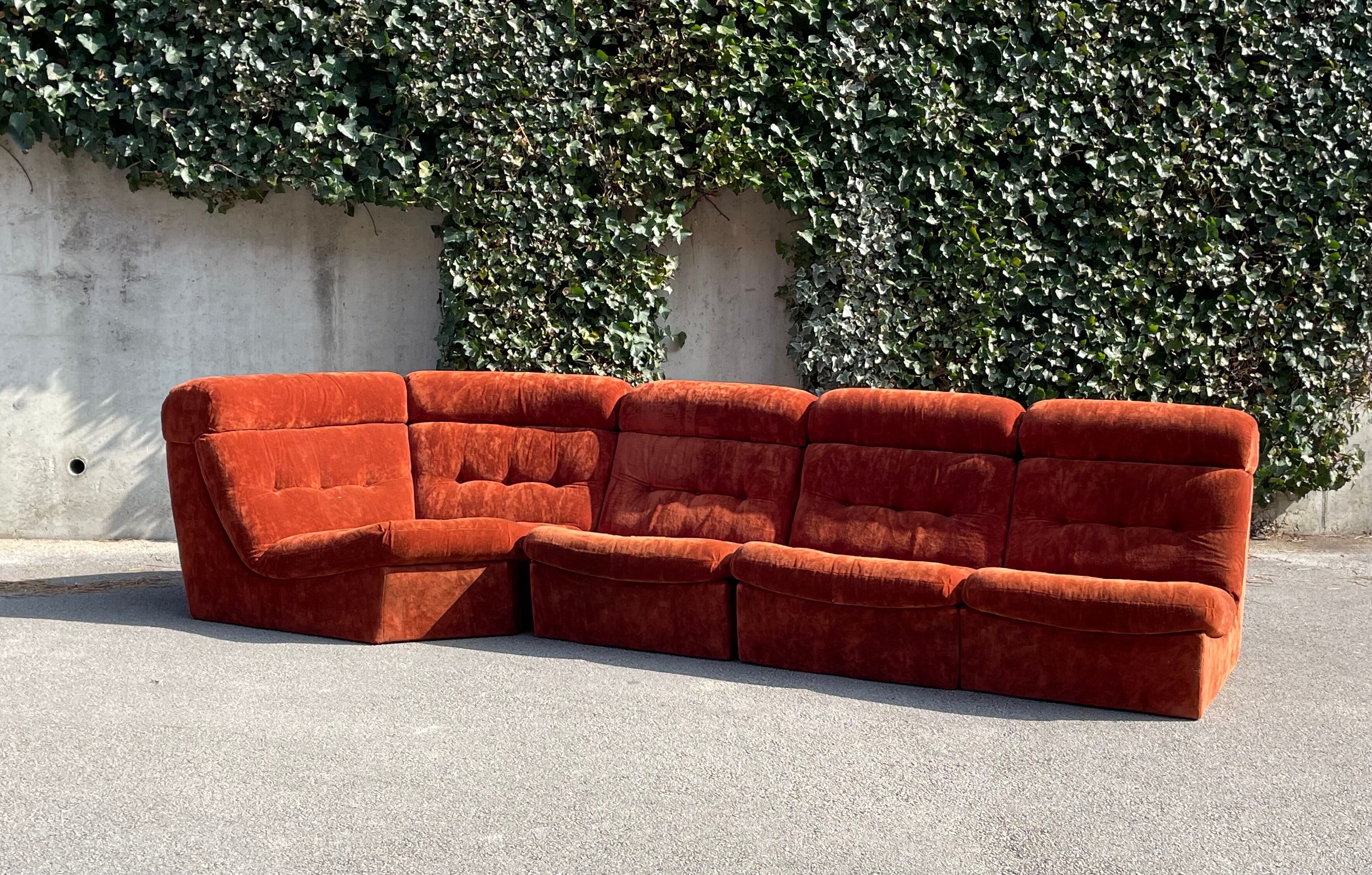 Modular sofa in rusty velvet, France 1970s