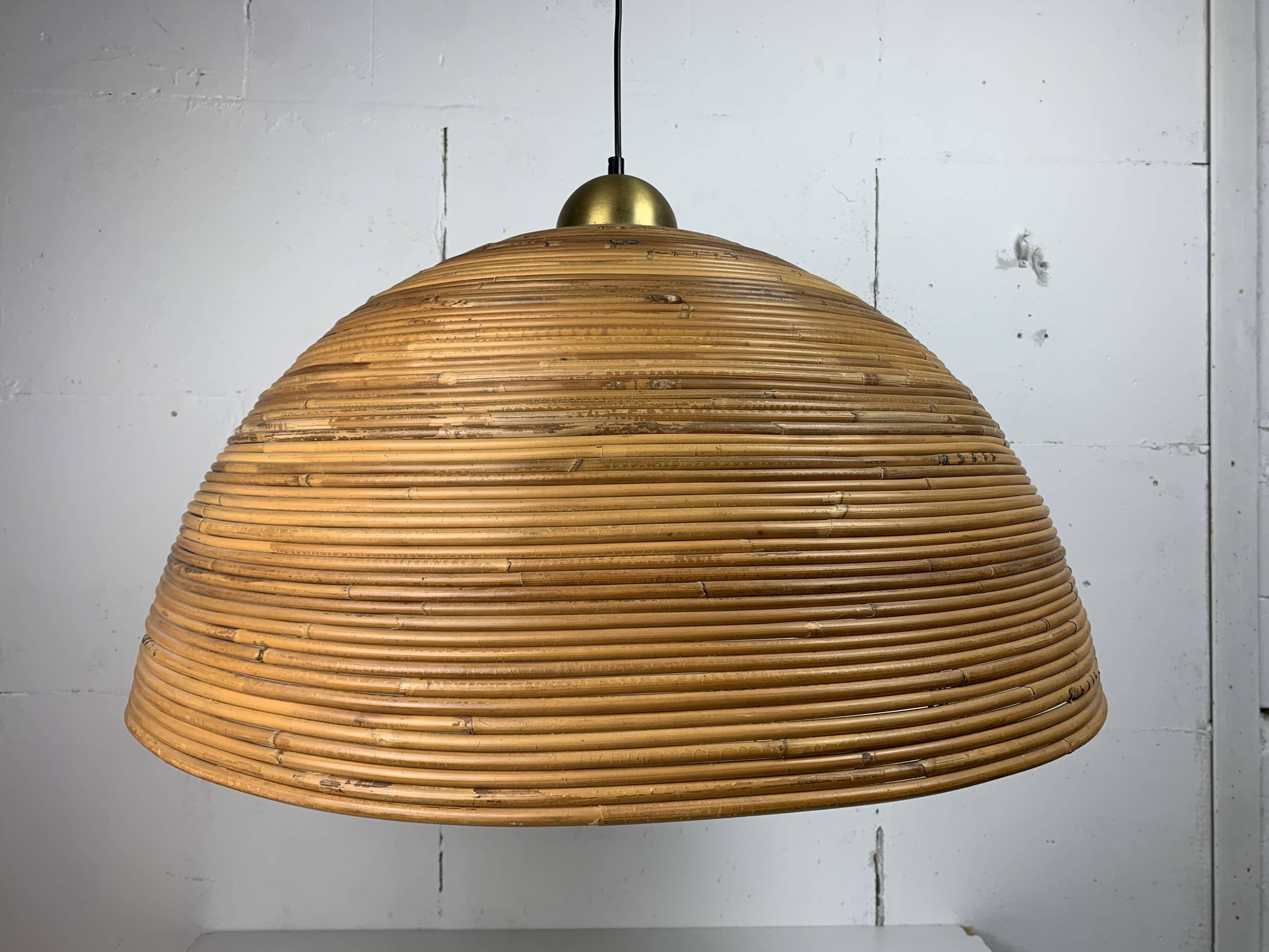 XL 71 cm Pencil Reed, Rattan, Bamboo and Brass Pendant Hanging Lamp, Italy