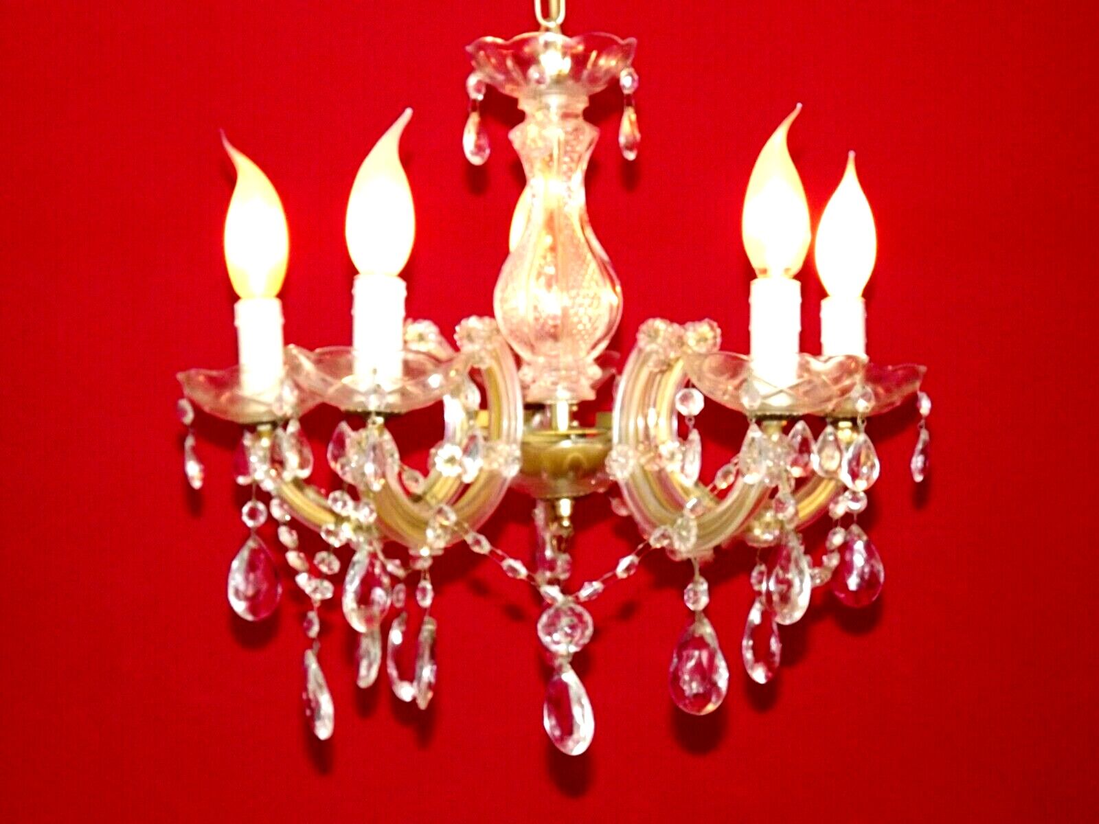 Vintage french metal crystal and glass 5 arm paris chic style chandelier 4228