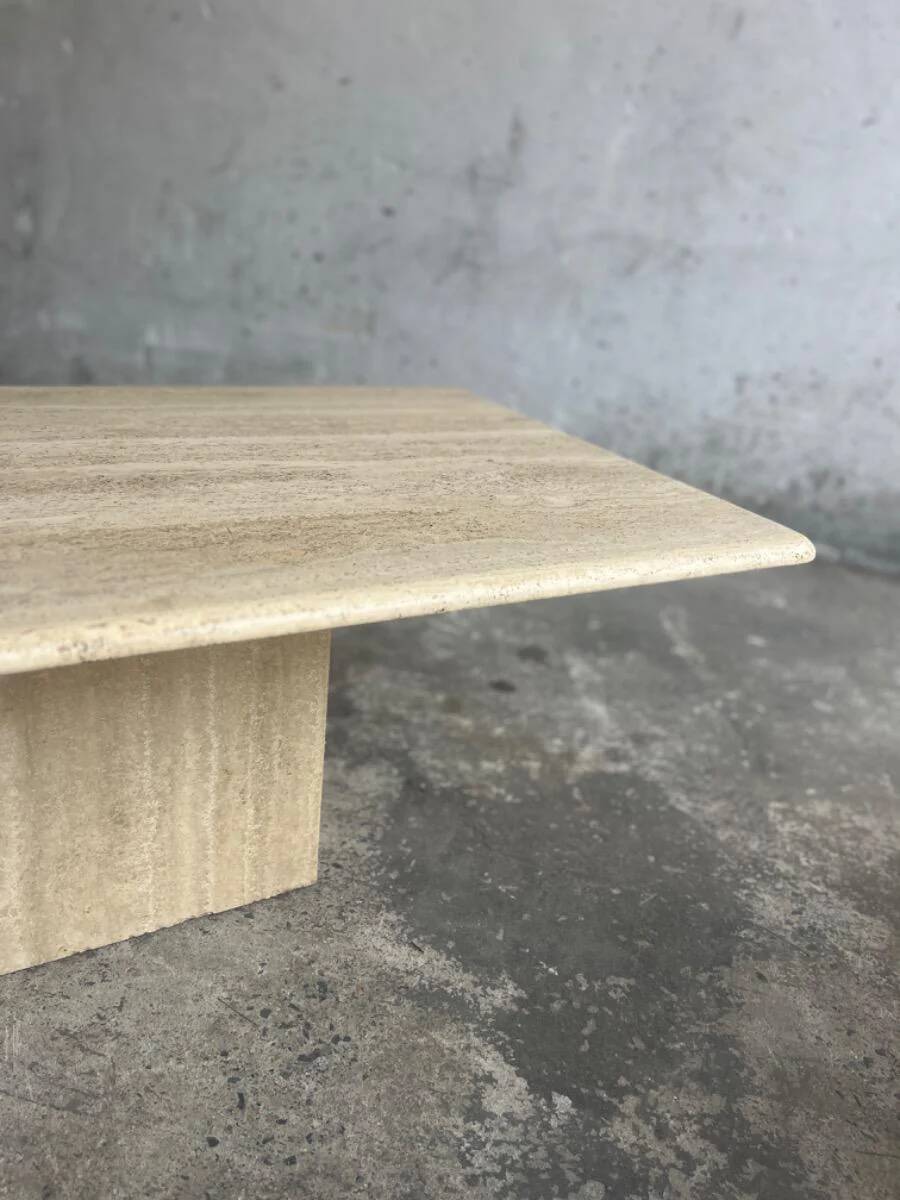 Light beige travertine Italian minimalist coffee table, solid natural stone 1980s