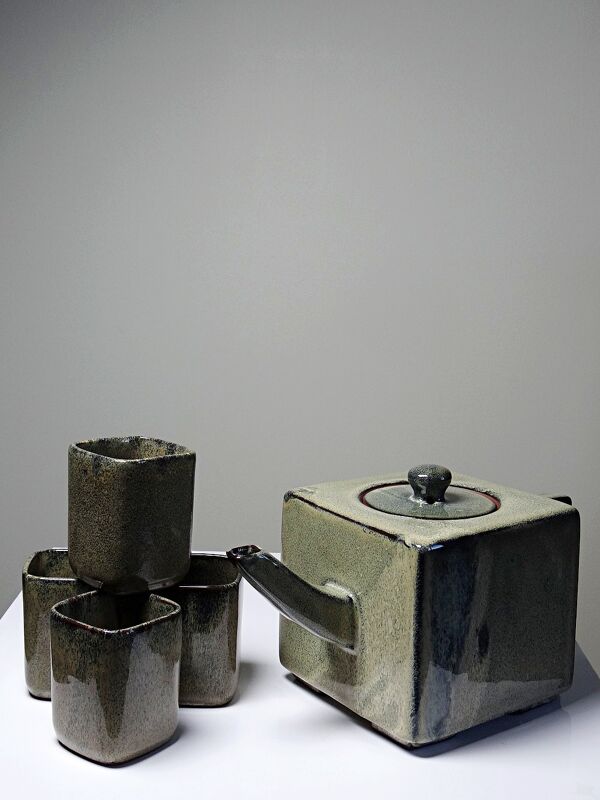 Service à thé chinois en terre cuite émaillée, théière et 4 tasses, années 1980