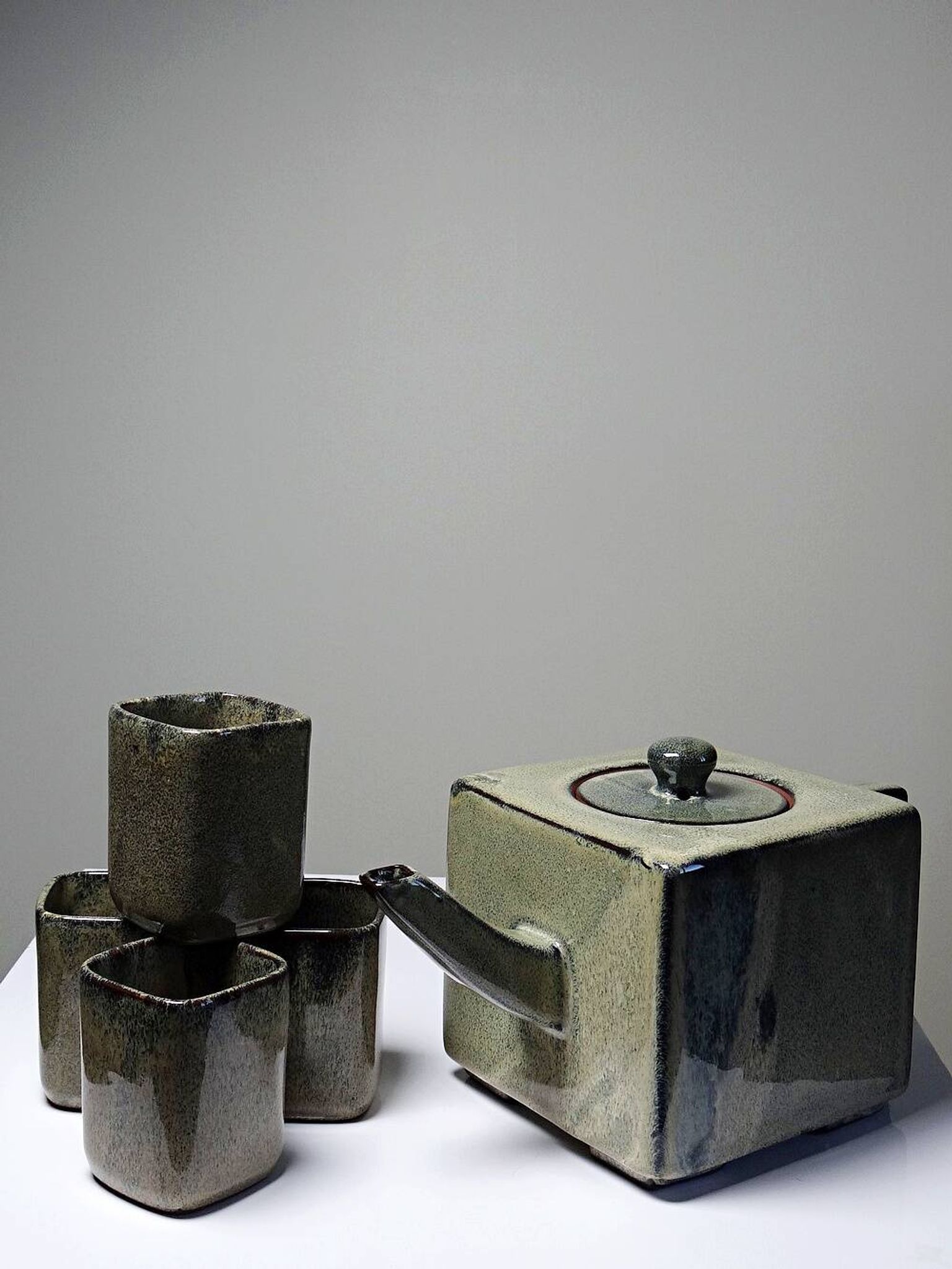 Service à thé chinois en terre cuite émaillée, théière et 4 tasses, années 1980