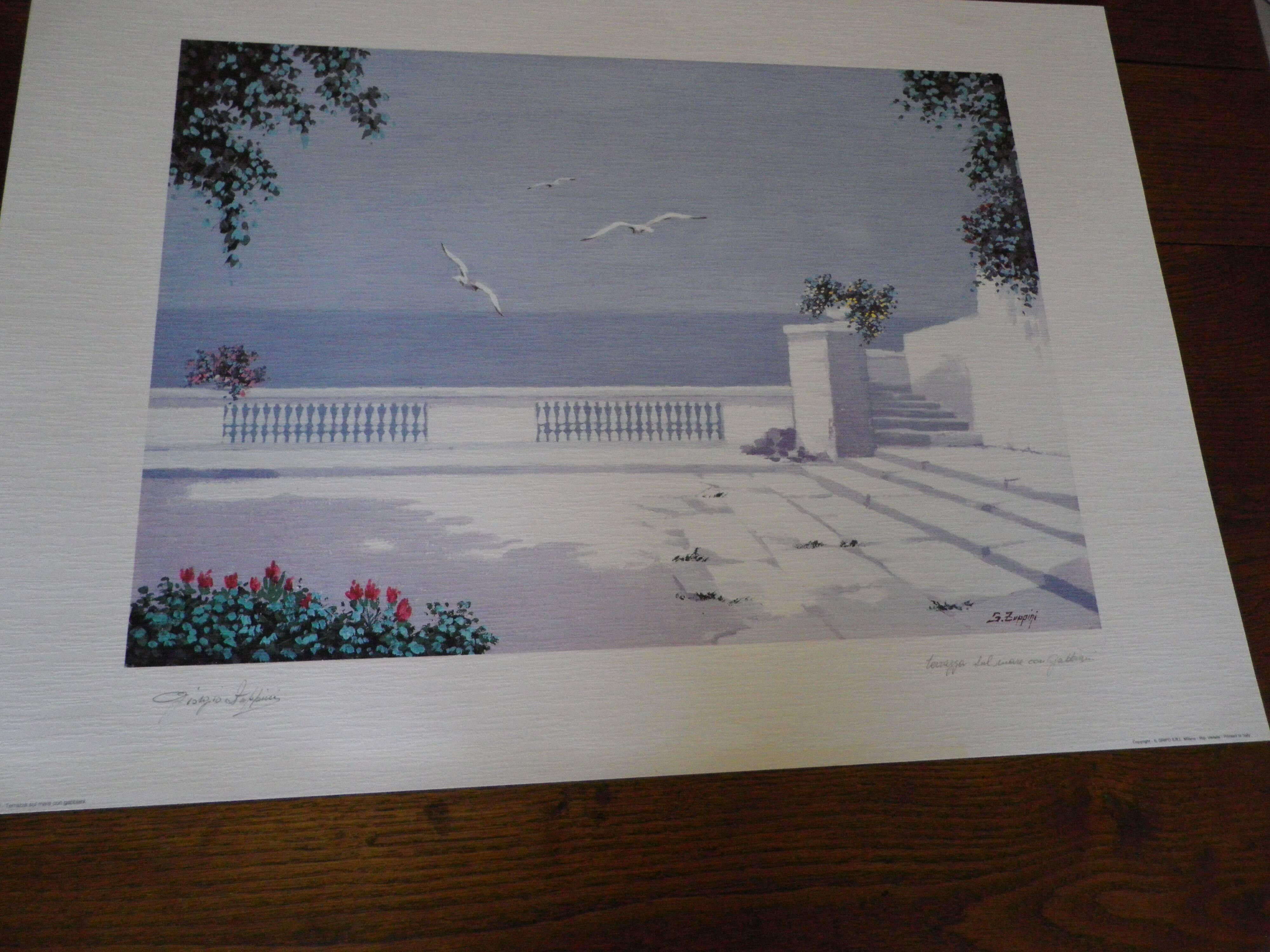 Giorgio Zuppini, Terrace by the Sea with Seagulls, Lithograph, 1970